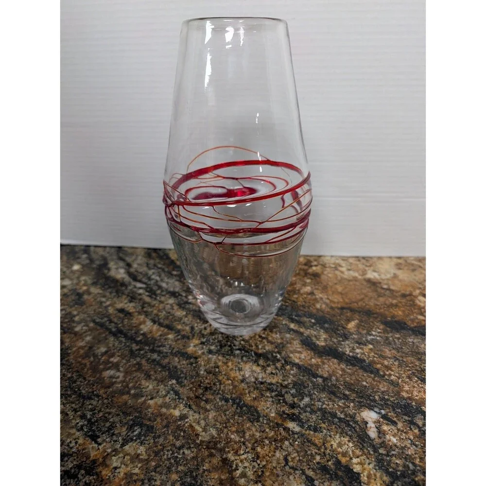 Blenko Glass Vase Red Threads Clear 9720 Label  10.75” Tall
